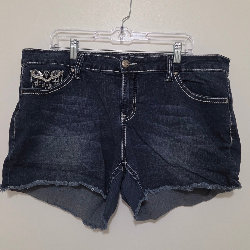 Love Indigo Premium Women 20W Dark Wash Embroidered Sequin Denim Cutoff Shorts